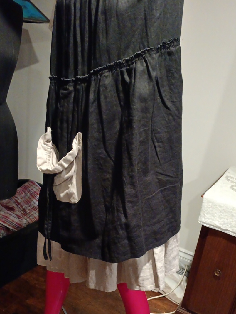 Black Tiered Linen Skirt with Cream Under Layer- Women's - Picture 3 of 7